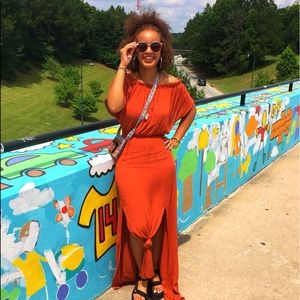 Off shoulder double slit maxi dress- rust